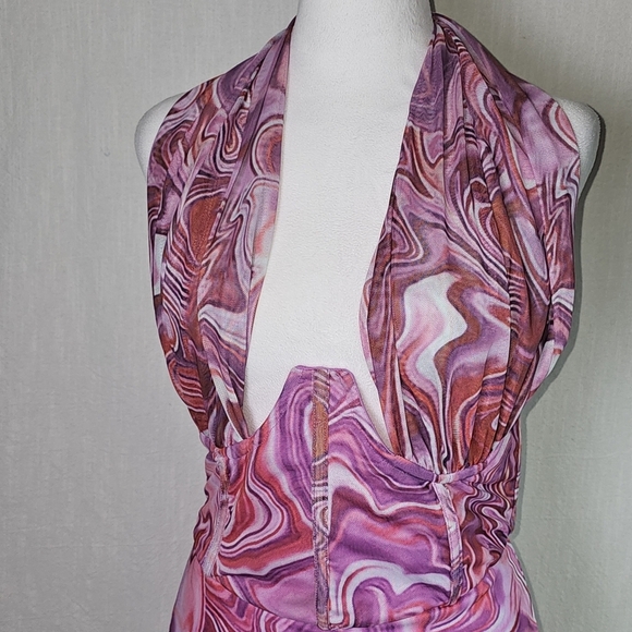Bardot Retro Tie Dye Mesh Halter Neck Corset Dress SZ L - Picture 2 of 16